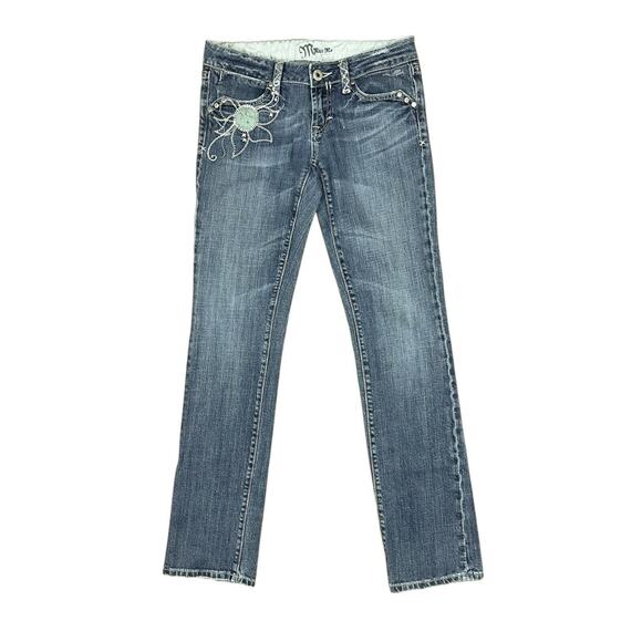 Miss Me Embroidered Denim Jeans Y2K Dark Australian 02 Blue Flap Pockets Size 28 - Picture 4 of 11